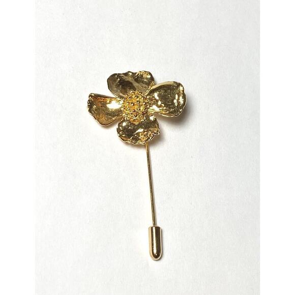 Stick Pin Dogwood Flower Four Leaves Vintage Estate Large Unique Rare Gold Tone - Picture 1 of 6